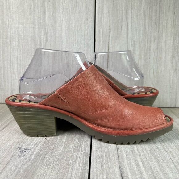 Fly London Wony Clay Brown Leather Heeled Mule Clog Shoe Womens Size 10 EUR 41 - Picture 2 of 10